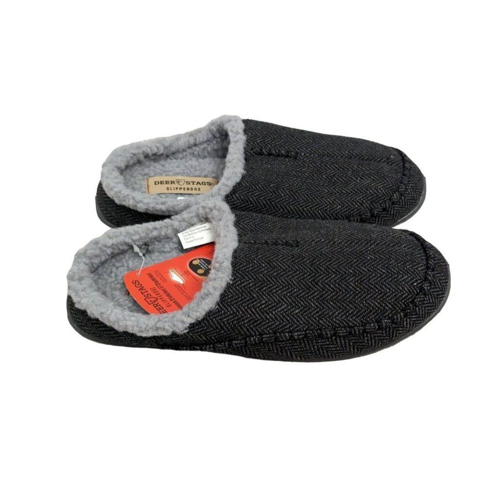 Deer Stags Slipperooz Nordic Mens Size 8 M Black Faux Fur Flat Slip-On Slipper